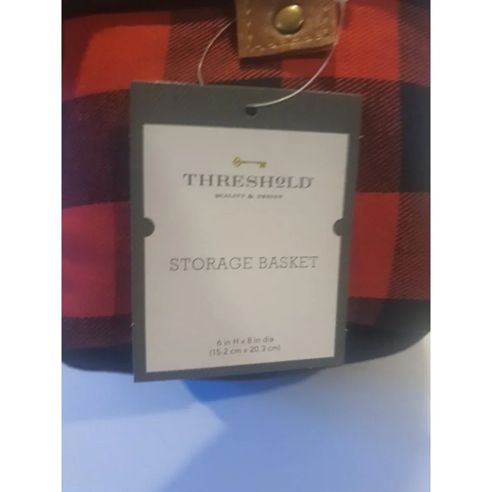 Threshold Buffalo Plaid Fabric Storage Basket‎ Red Black 6x8 Round Bin Deco